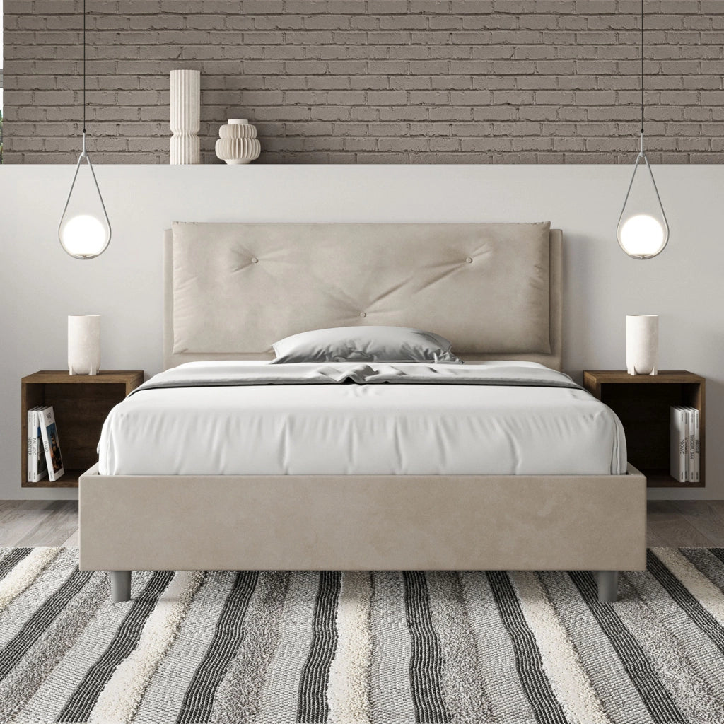 BS COM Letto matrimoniale francese con rete imbottito 140x200 microfibra sabbia Large