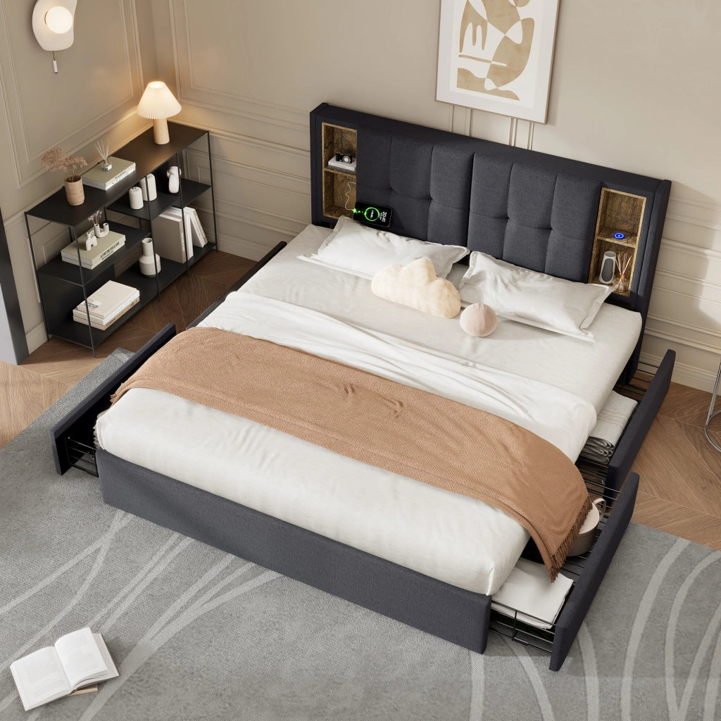 LETTO 160x200 cm in lino grigio con ricarica wireless, USB e 4 cassetti