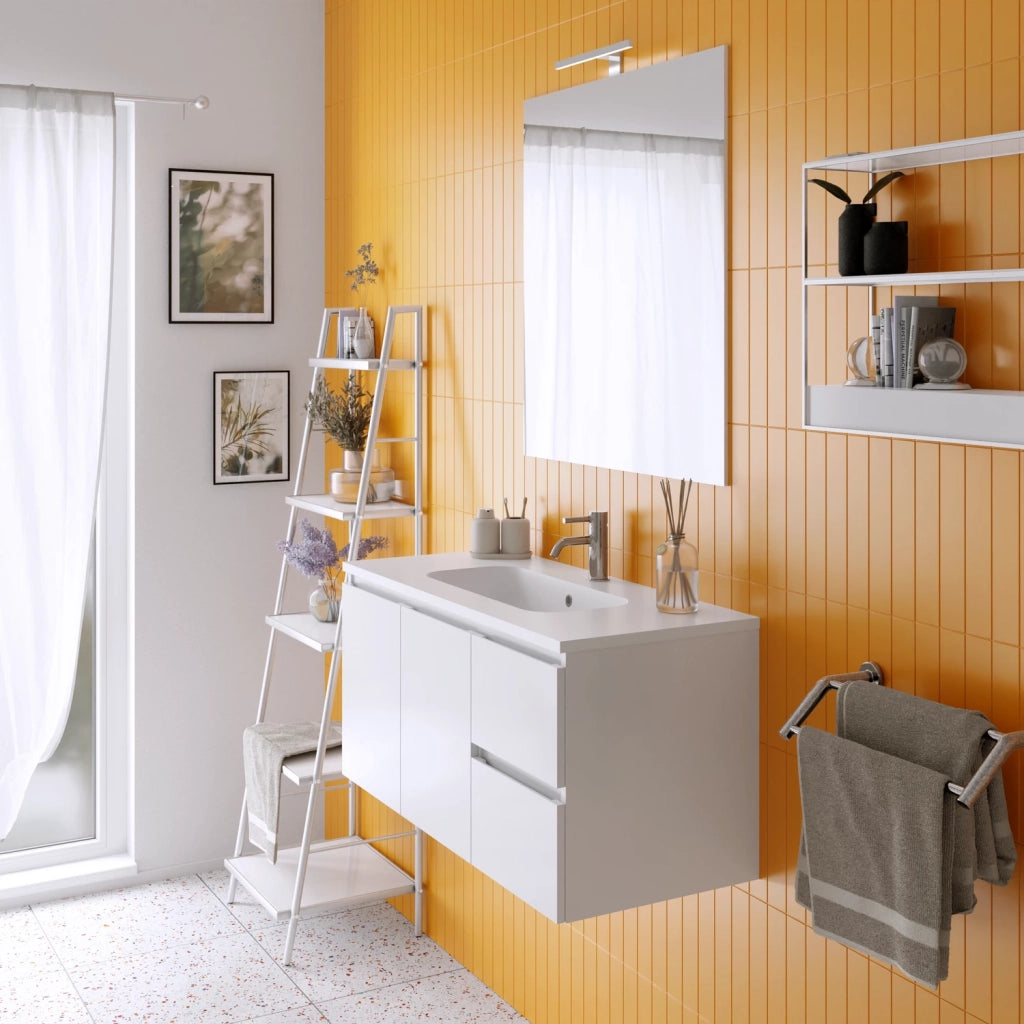 Mobile da bagno sospeso 100cm bianco lucido con lavabo e specchio | Rata