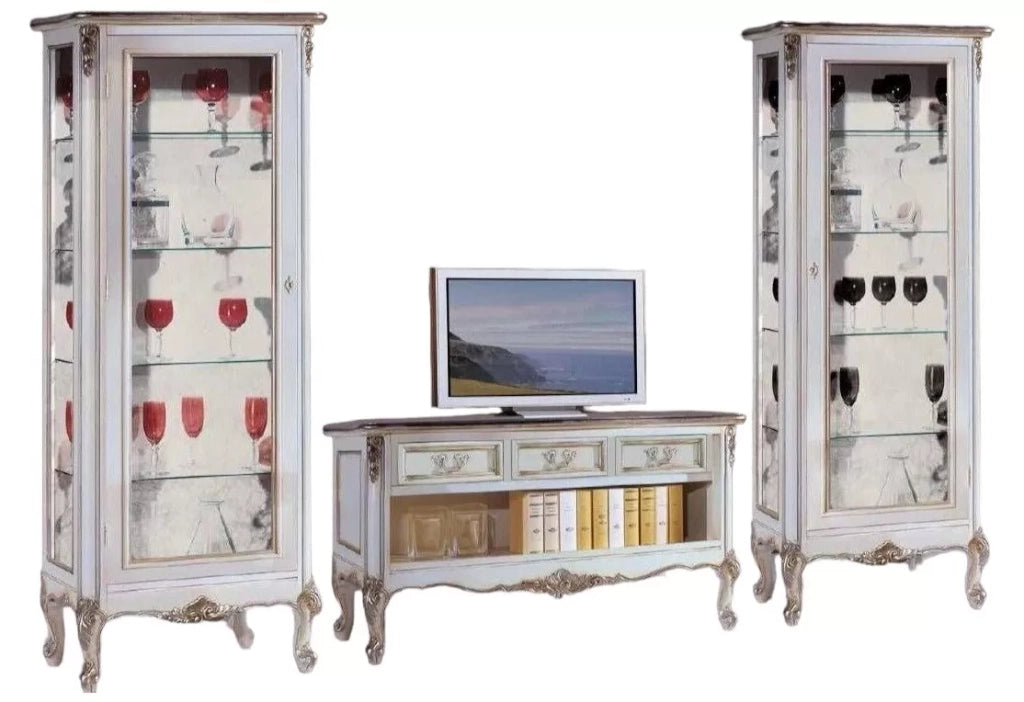 Parete attrezzata classica legno shabby bianco argento - Mobili 2G