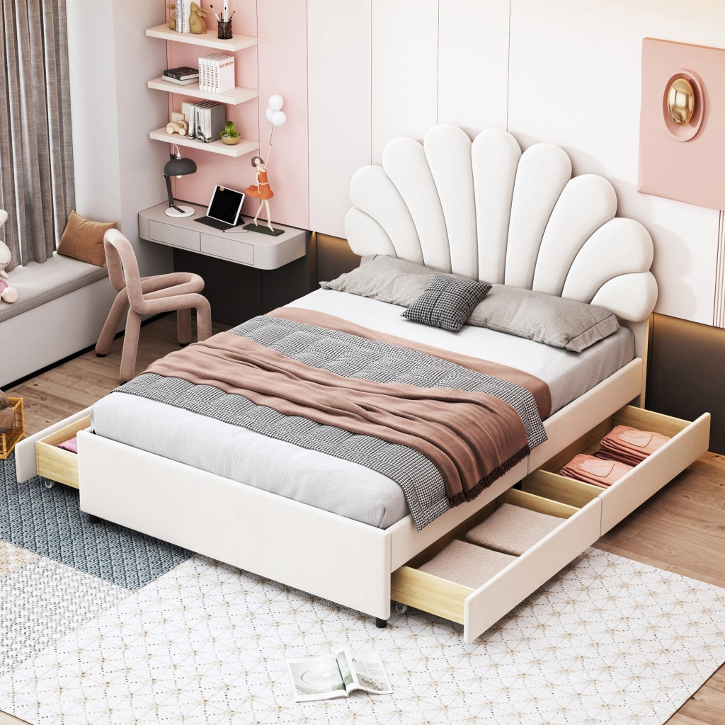LETTO Imbottito 140x200 cm Beige con 4 cassetti e testiera floreale