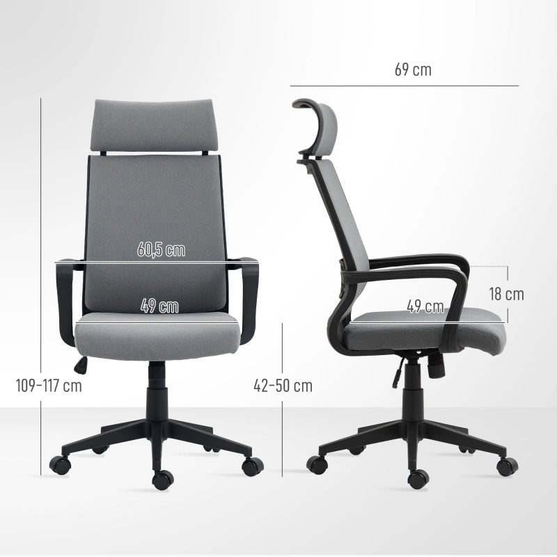Sedia da ufficio ergonomica con Schienale Alto Poggiatesta Braccioli Altezza Regolabile Funzione Basculante Poliestere Grigio Scuro 60.5 × 69 × 109-117 cm