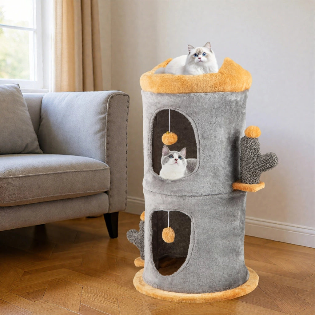 Grazioso albero per gatti con 2 comode casette e piattaforma imbottita in peluche, Casa per gatti a 2 piani-Alberi Tiragraffi