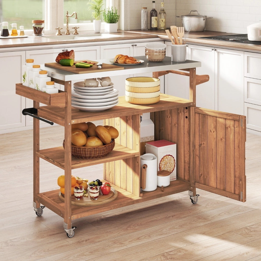Carrello barbecue in legno con spazio di conservazione isola da cucina esterna, Carrello con 3 ripiani aperti e mobile