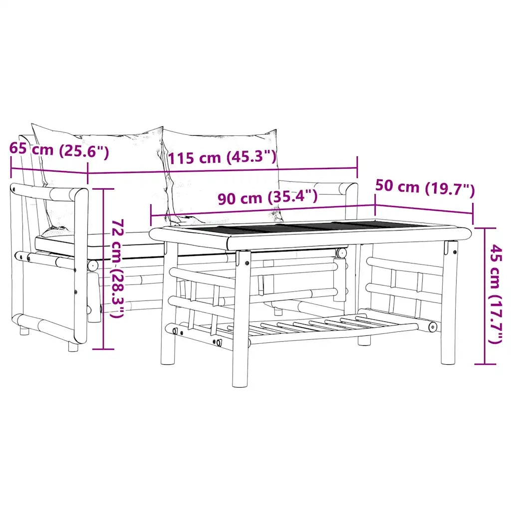 Set di divani da giardino 2 pezzi con cuscini in bambù 365870
