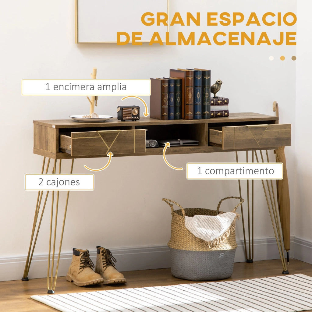 Consolle Ingresso con 2 Cassetti e Ripiano Aperto ¨C Minimal ¨C Legno e Bronce 120x29x79 cm