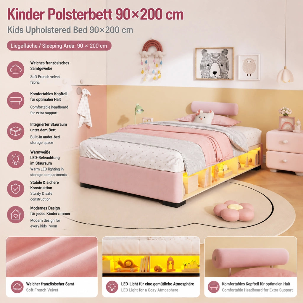 LETTO imbottito Rosa 90x200 cm in velluto con ripiano laterale LED