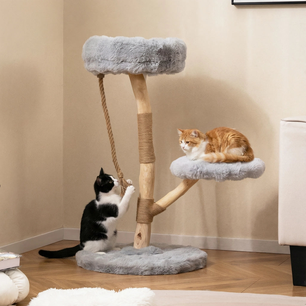 Torre moderna per gatti in legno con piattaforme in iuta naturale, Albero per gatti 92 cm corda in iuta Grigio