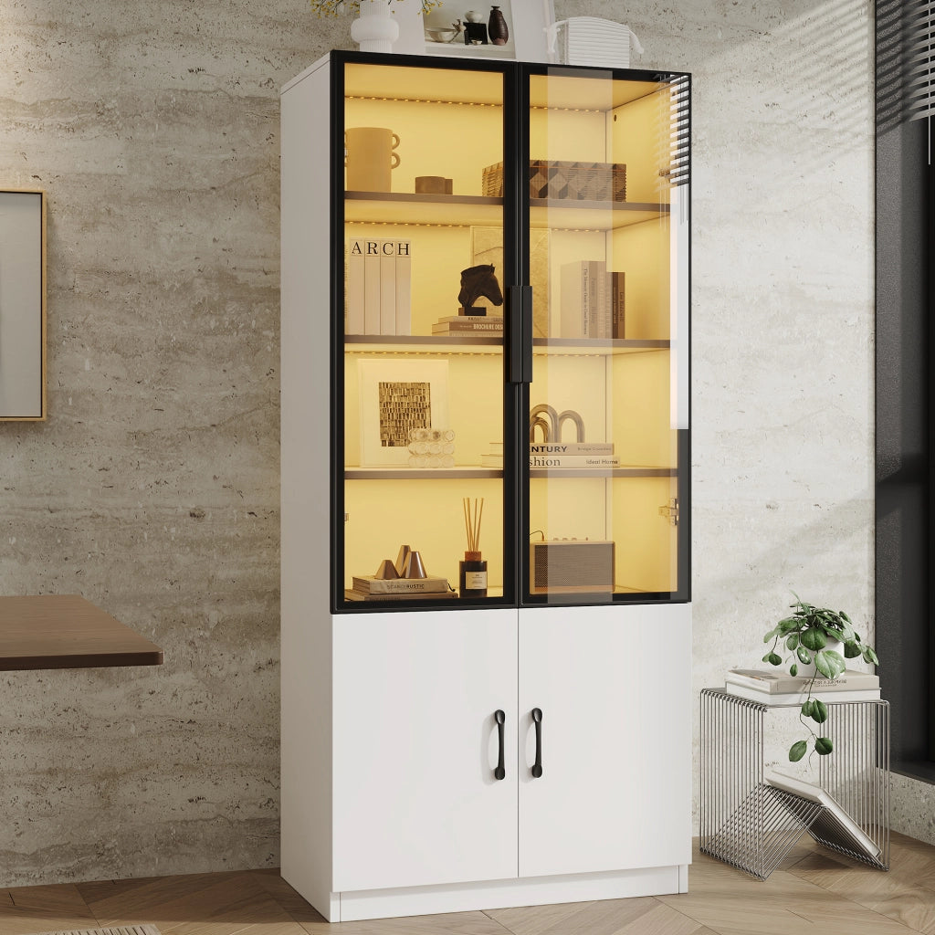 Vetrina con LED e ante in vetro fumé, struttura in truciolare e alluminio, bianco, a due porte inferiori, 120 × 40 × 160 cm