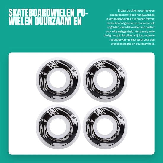 Impianto di ruote per skateboard da 4 pezzi - Ruote in PU elastomere - Durezza 75-85A - Durissime - Bianco/bianco con disegno - Buona guida mobile