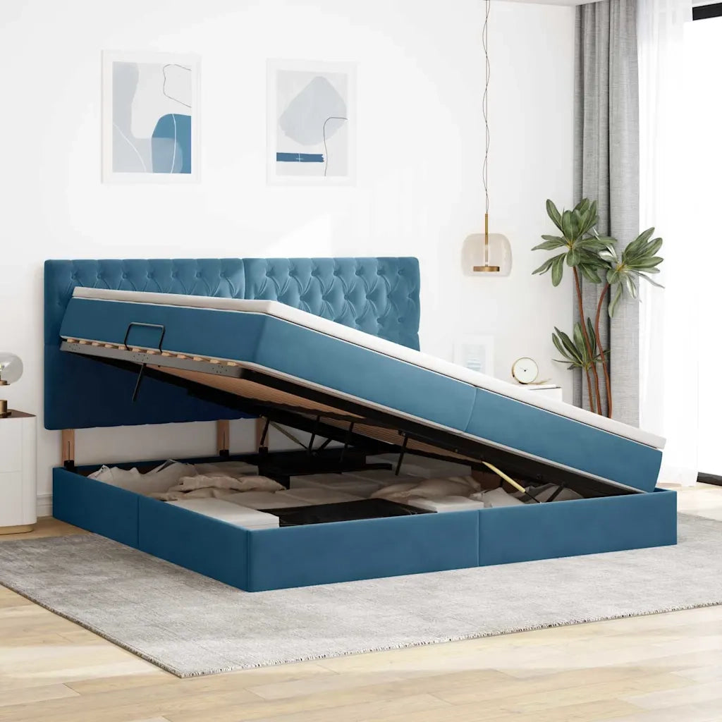 Letto con contenitore e LED Blu Scuro 200 x 200 cm Velluto