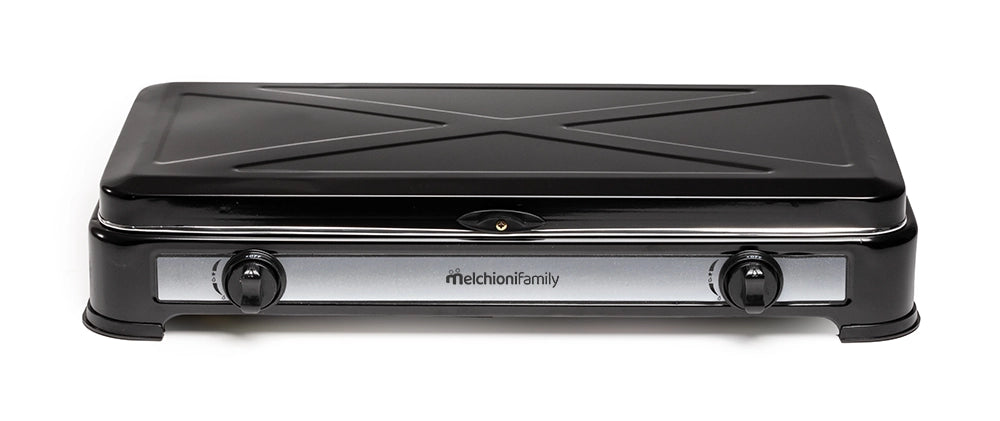 Melchioni Family Fornello a Gas da Campeggio MINERVA 2 con 2 Fuochi Fornelletto GPL Portatile con Coperchio Griglia e Fuochi Removibili Nero
