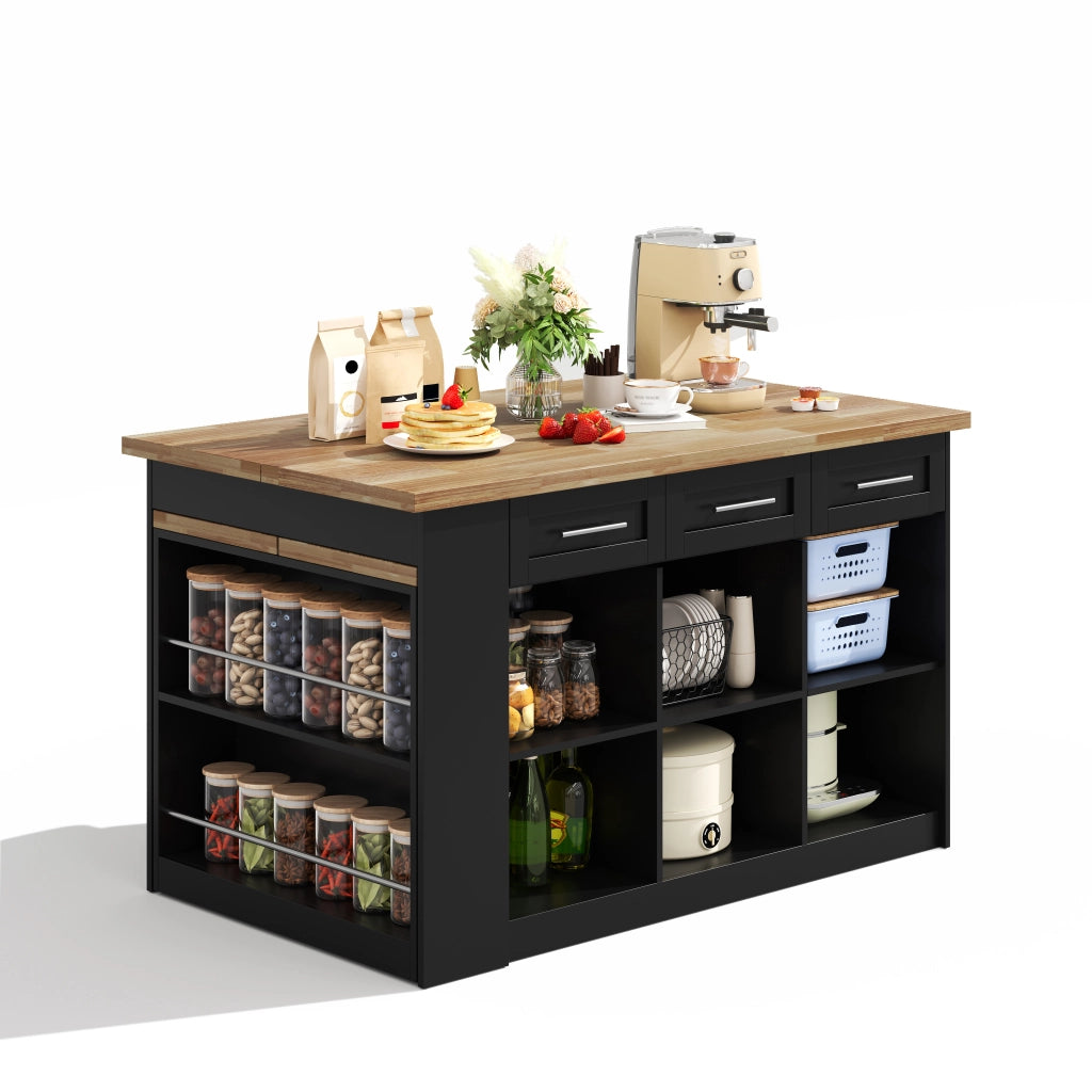 Carrello da cucina con 6 cassetti 3 ante ripiani regolabili e tavolo estraibile per cucina 150×90×90 cm nero
