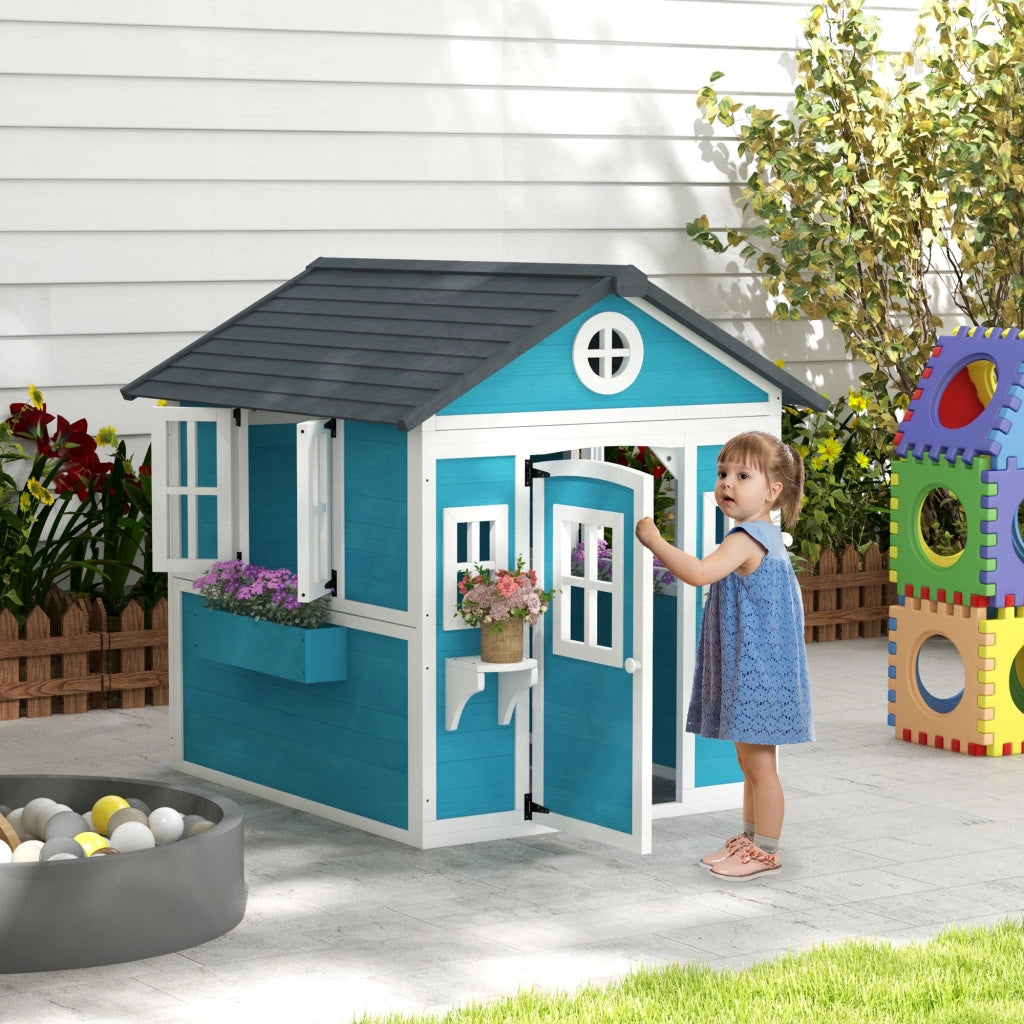 Casetta per bambini in legno ¨C Minimal ¨C Blu, con finestre e vasi