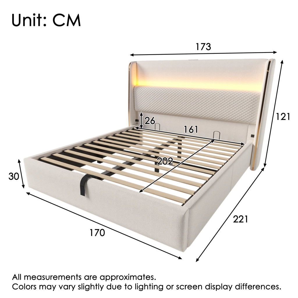 LETTO Contenitore idraulico 160x200 cm con LED e USB/Type-C in lino beige