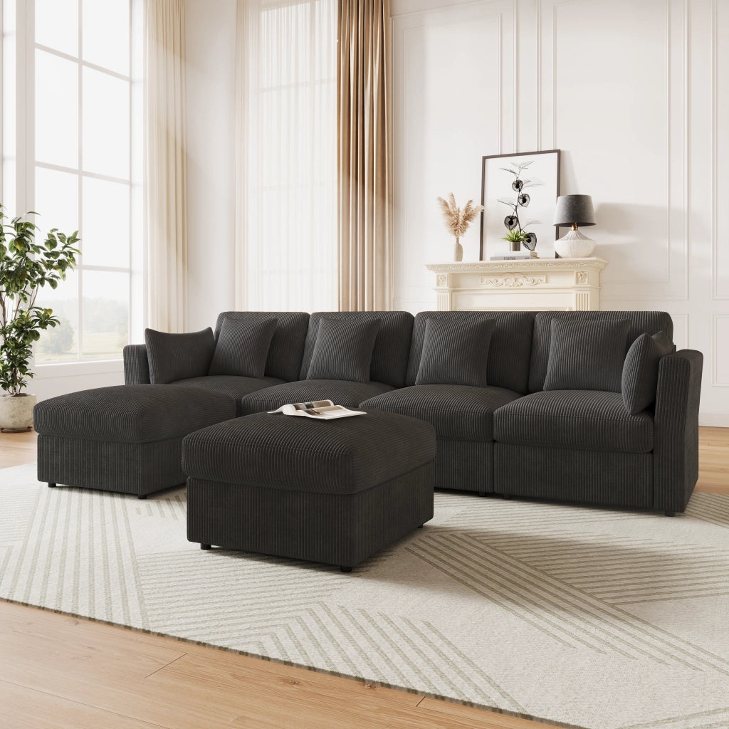 Divano modulare angolare U in corduroy grigio, 4-6 posti, con pouf spostabili e braccioli regolabili