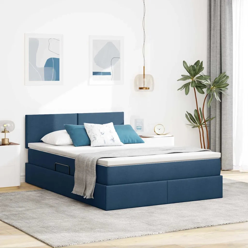 Letto con contenitore e LED con led Blu 140 x 200 cm Tessuto