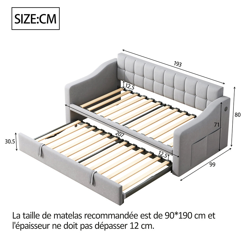 Divano letto 2 in 1 - Xylo - 90/180 cm velluto grigio chiaro