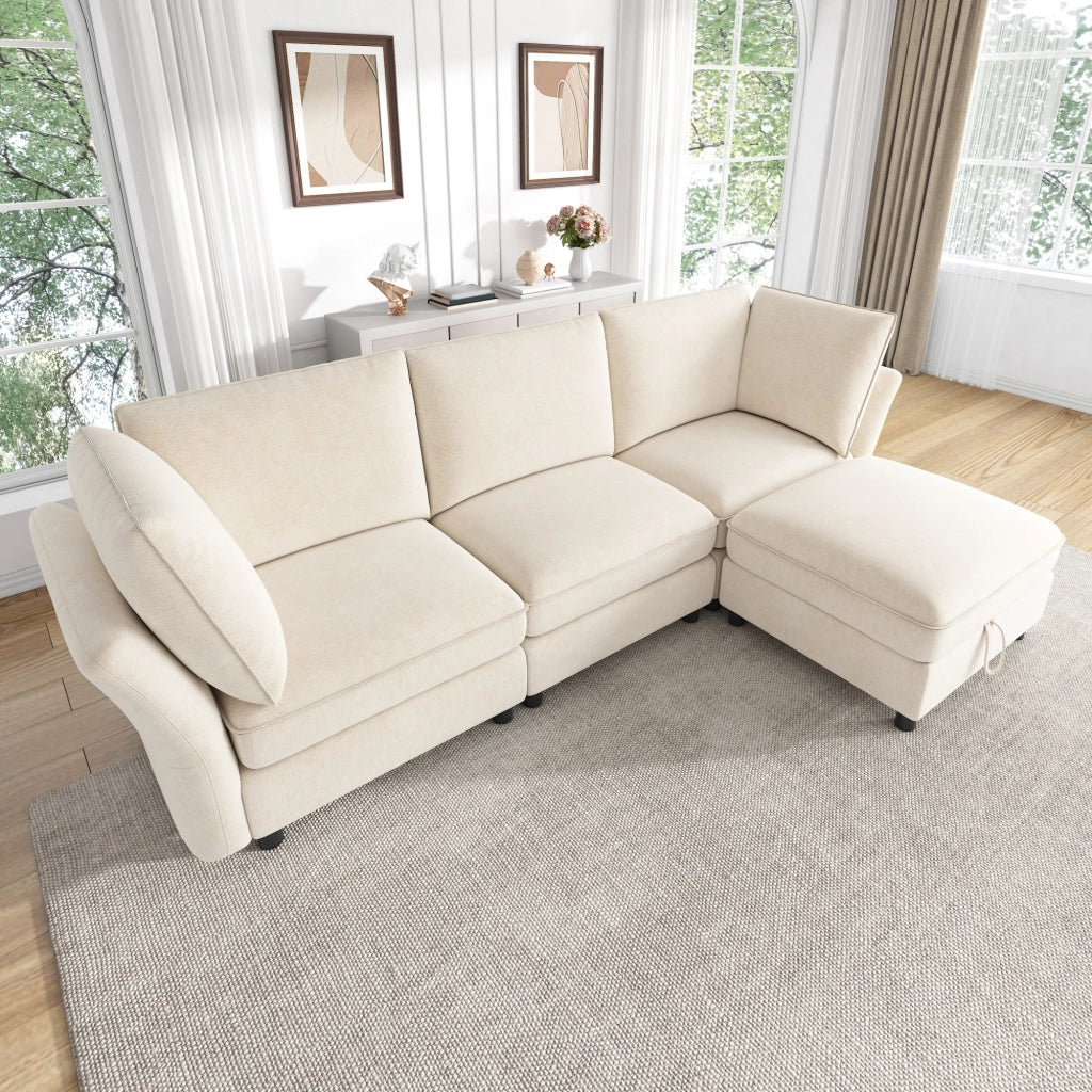 Divano ad angolo modulare 4 posti con pouf contenitore e 2 cuscini, in Chenille, Beige