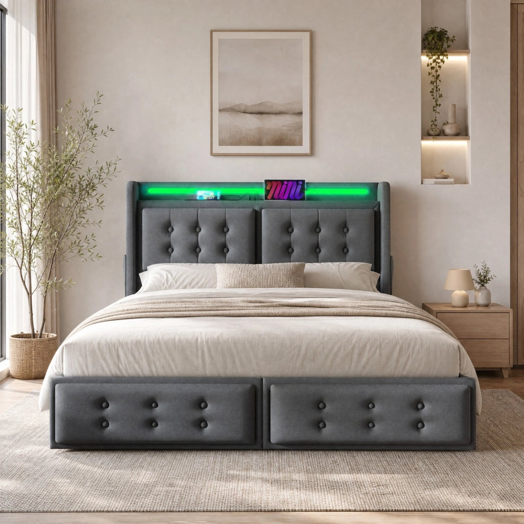 LETTO 140x200 cm con LED, USB-C e 4 cassetti, tessuto cotone lino Grigio