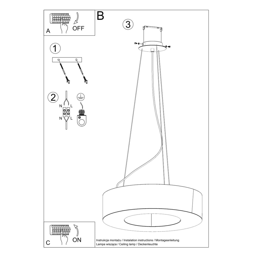 Lampadario rotondo Saturno Slim a 6 luci, 70 cm, tessuto bianco, PVC, acciaio