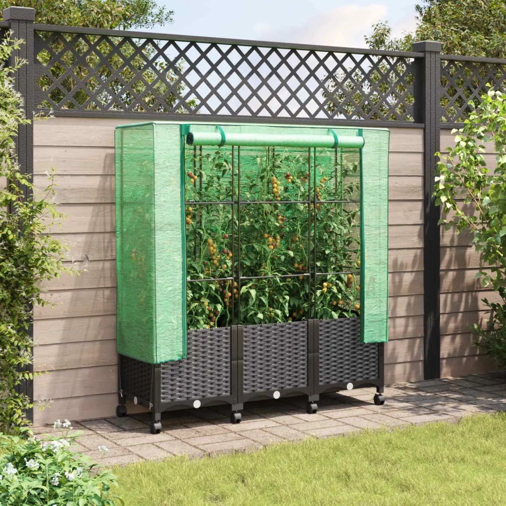 Vaso da Giardino con Copertura per Serra e Ruote 3 pz Nero PP 3423067