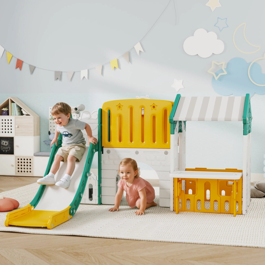 Casetta per Bambini con Scivolo e Tappeto ¨C Minimal ¨C Giallo e Verde
