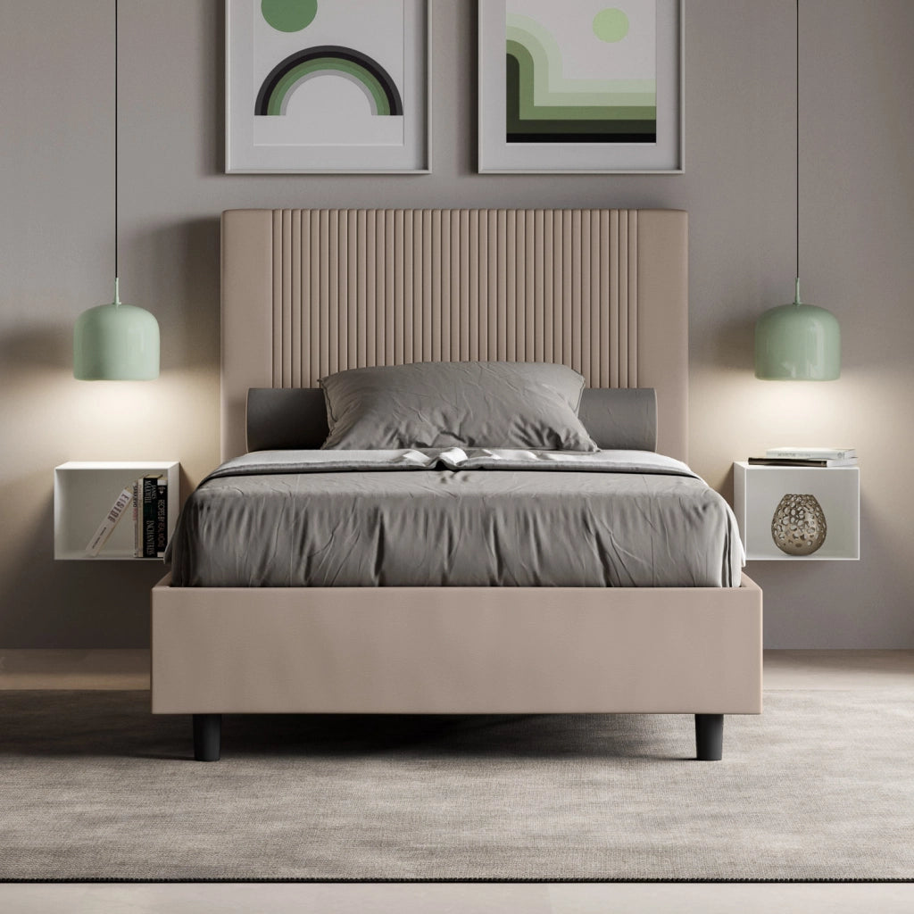 BS COM Letto una piazza e mezza senza rete imbottito 120x190 similpelle tortora