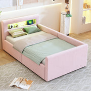 LETTO imbottito bambini 90x200 cm in velluto rosa con LED, USB e contenitore