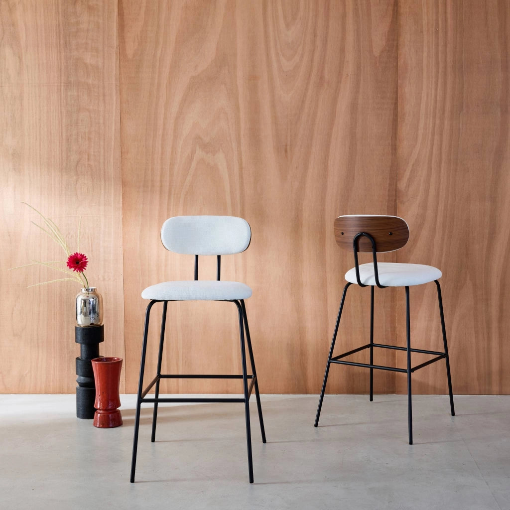 Set di 2 sgabelli da bar legno curvato tinto noce e tessuto