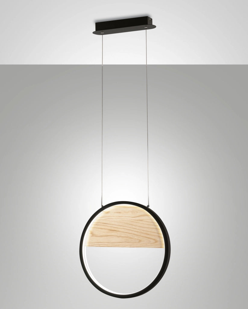 Pierre Sospensione a LED 29W Ø400mm Struttura in Metallo e Legno Nero, Luce Calda 3000K, Dimmerabile a step, Design Moderno e Raffinato