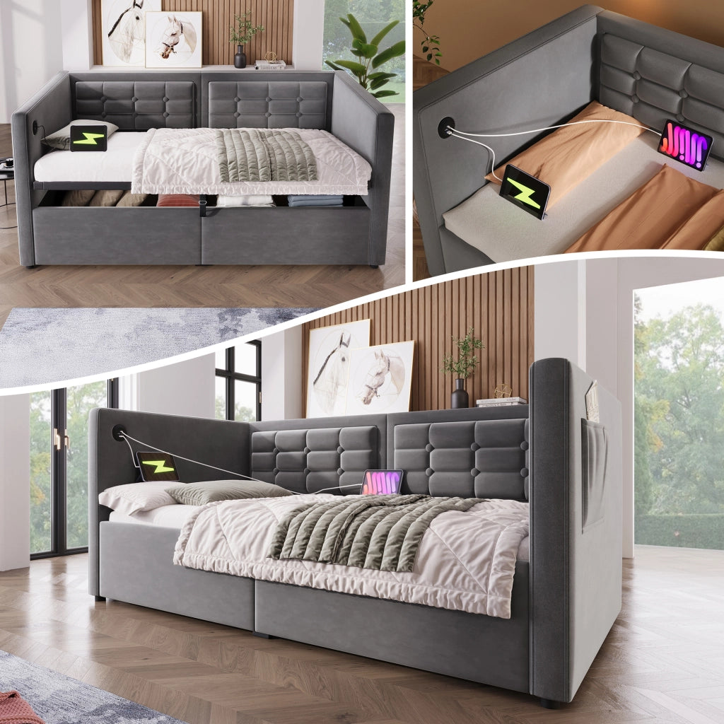 LETTO Divano letto 90x200 cm in velluto grigio con contenitore e USB Type-C