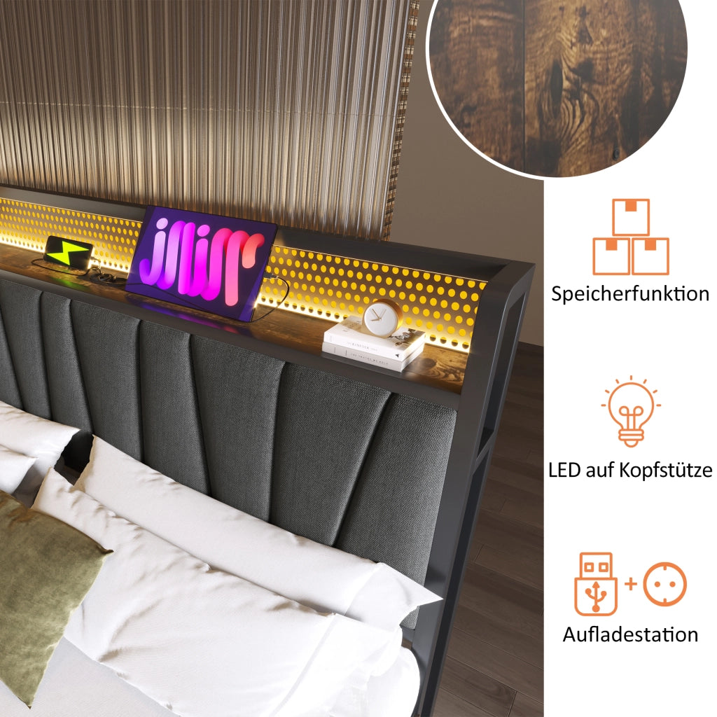 LETTO matrimoniale 180x200 cm in lino grigio con LED App-Control, USB e prese