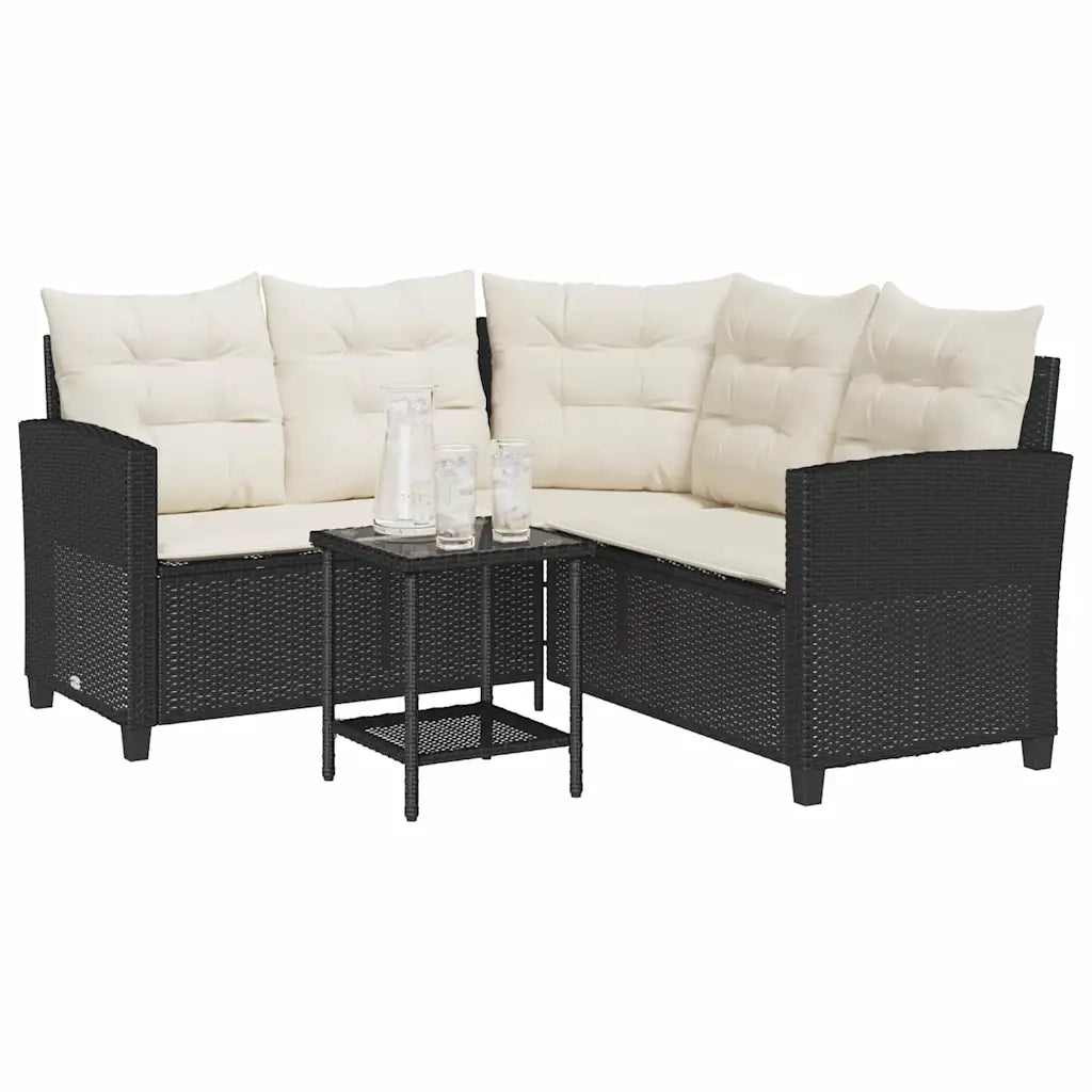 Divano da Giardino con Tavolo e Cuscini a L Nero in Polyrattan 4103872