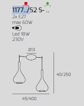 SOSPENSIONE BIANCO 2 LUCI SPOSTABILE VETRI TR + AM 1177BI-S2 S-TA