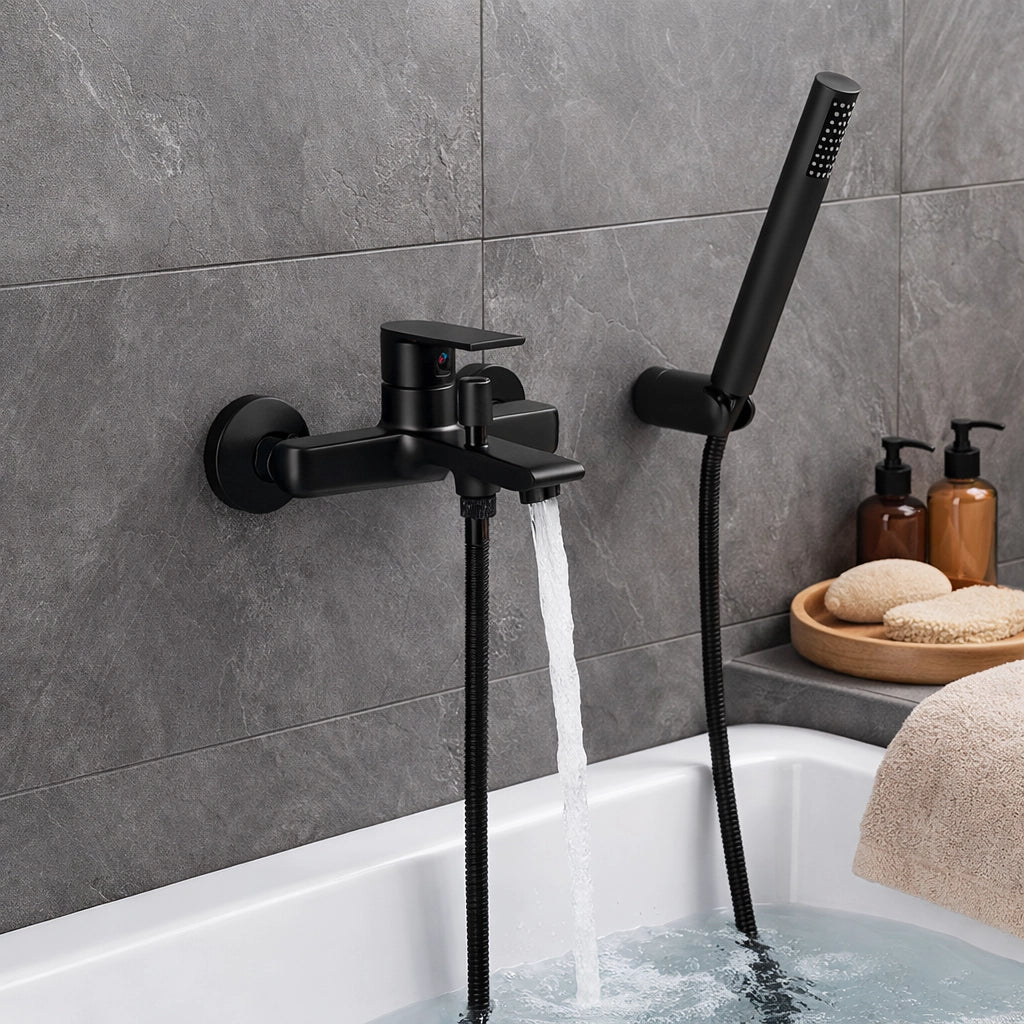 Rubinetto Miscelatore Vasca Bagno Nero Opaco da Parete + Deviatore Doccia 94009