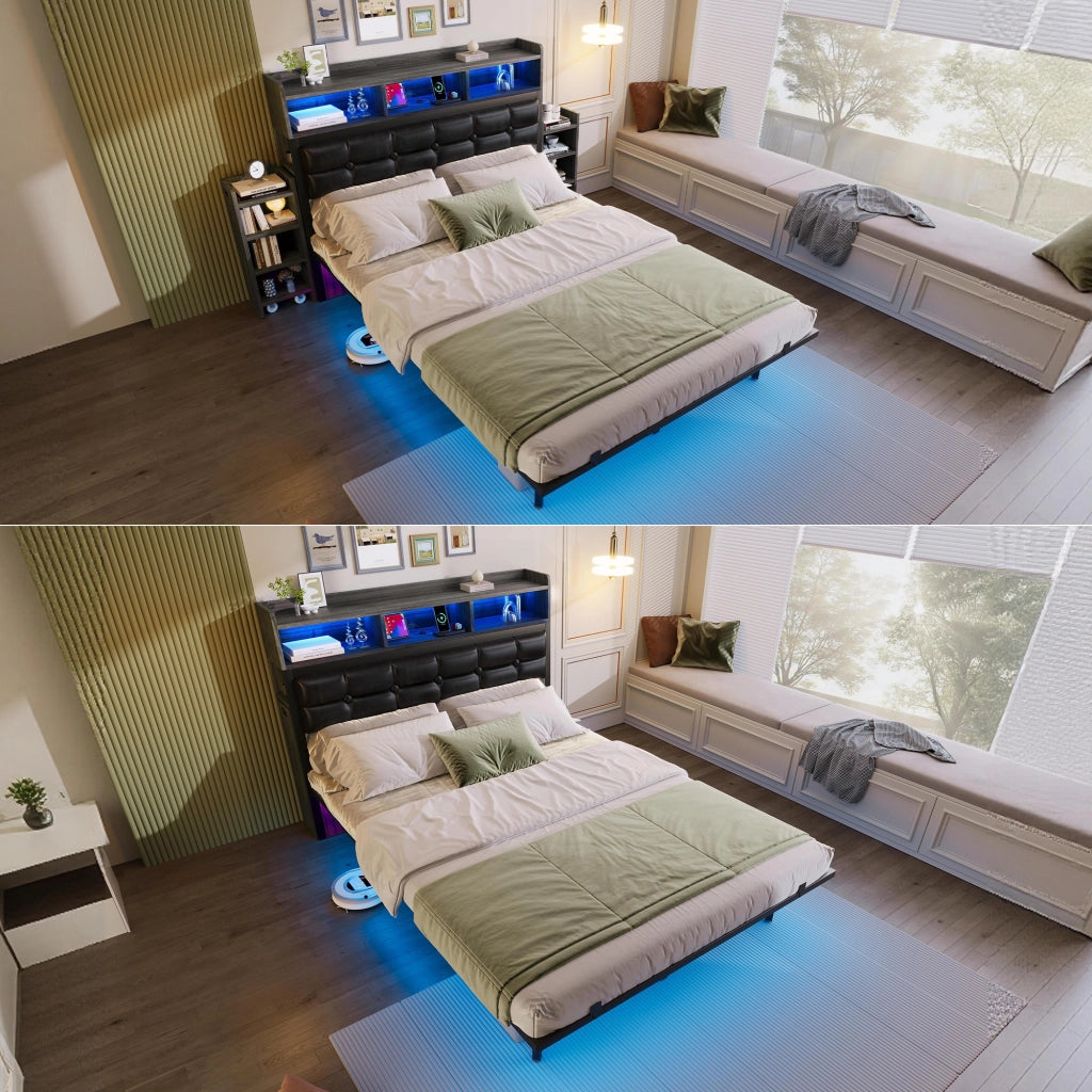 Letto matrimoniale 140x190 grigio con doghe 2 comodini estraibili USB/Type-C LED