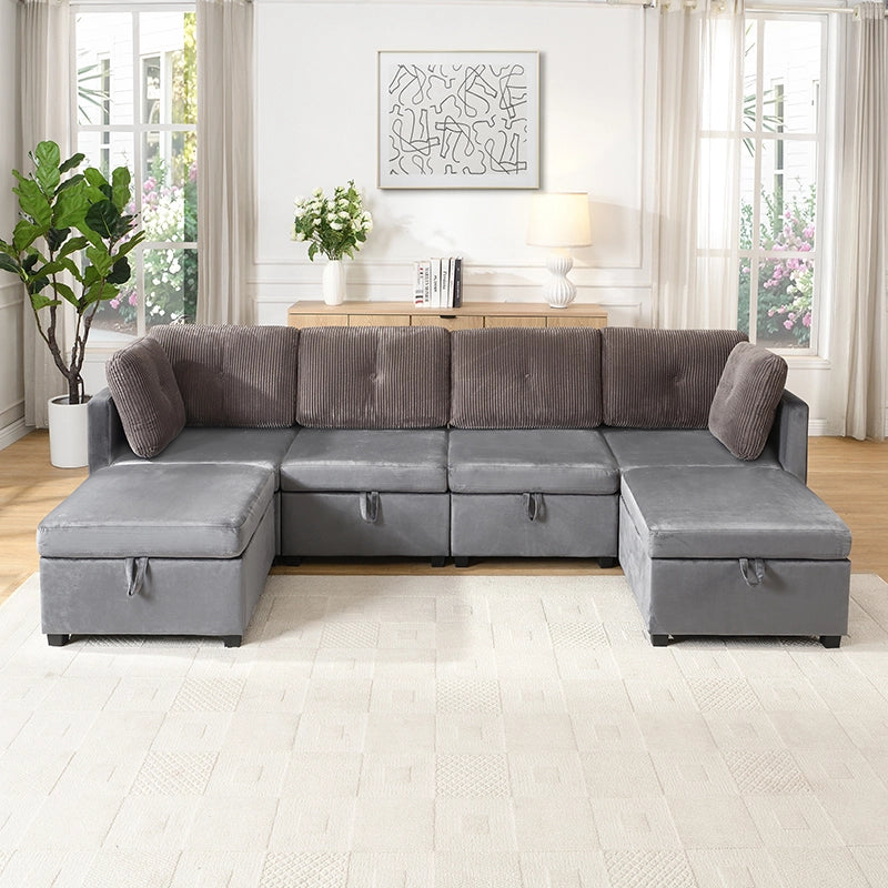 DIVANO modulare a U 261x132,5 cm velluto e corda grigio antico