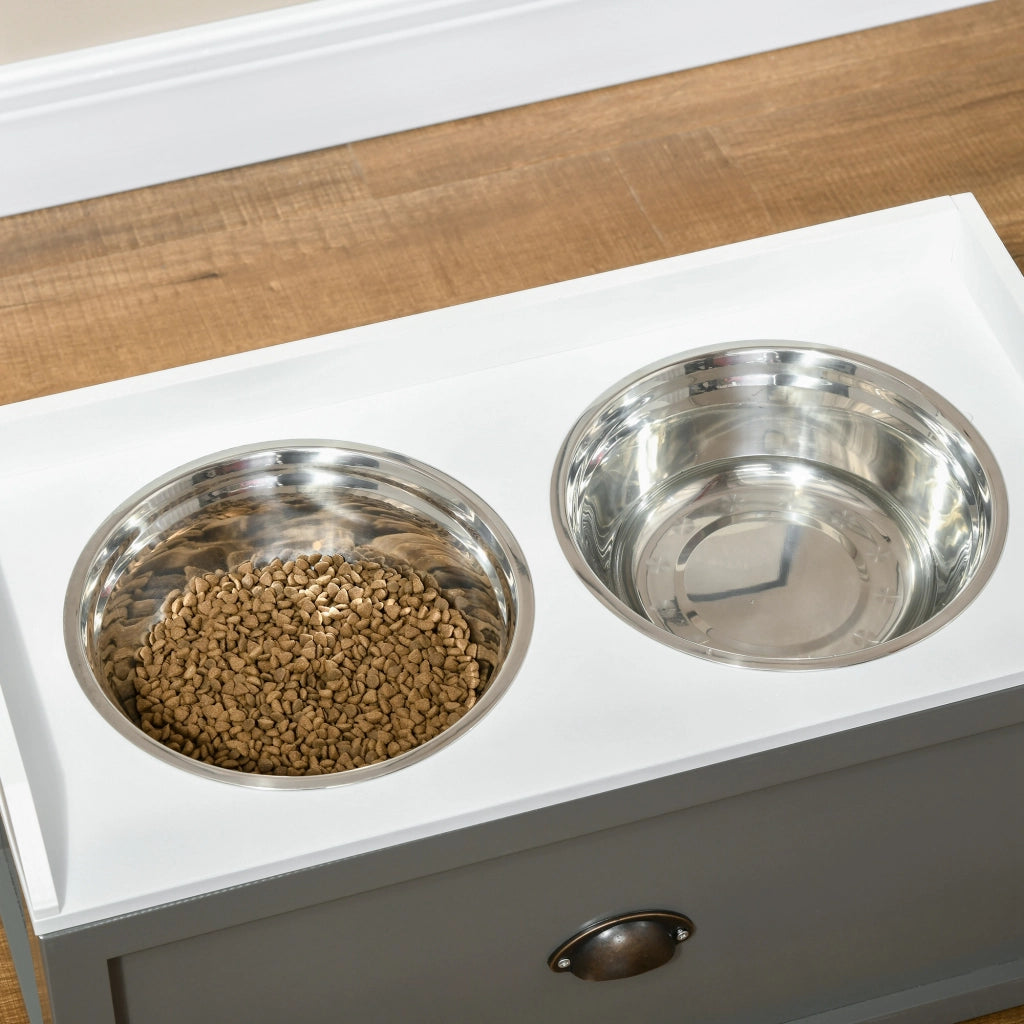 Porta Gamelle Elevato per Cani e Gatti ¨C Zephmum ¨C Bianco Grigio MDF Acciaio Inox