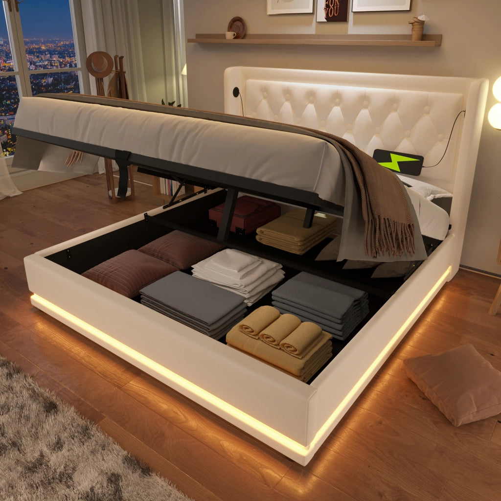LETTO CONTENITORE 140x200 cm PU Bianco con USB, Type-C e LED a 3 lati