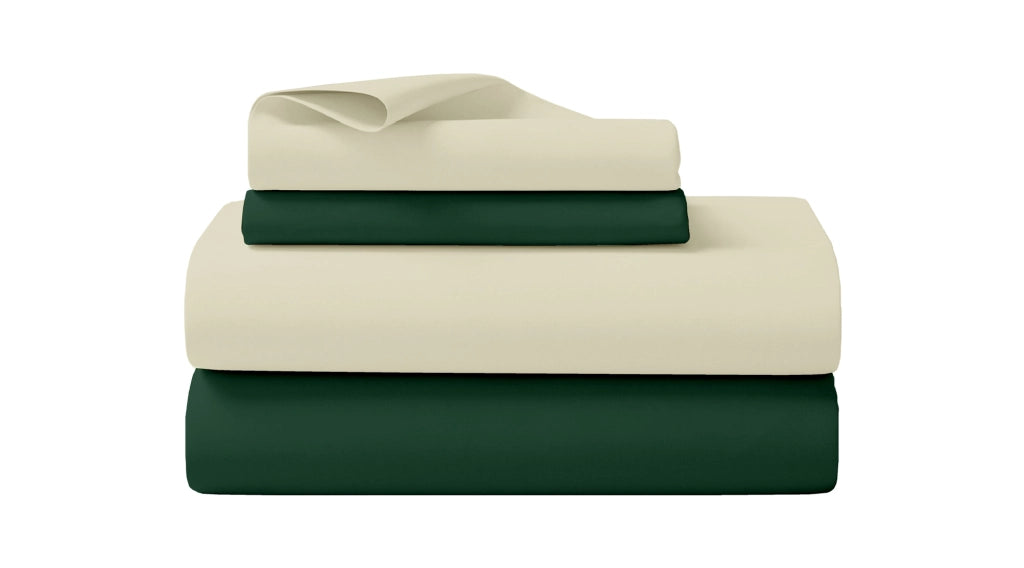 Completo Letto In Morbido Cotone Di Flanella Antipilling Set Lenzuola Bicolore Lenzuolo Sopra Sotto Federe - Verdone-Panna - Matrimoniale