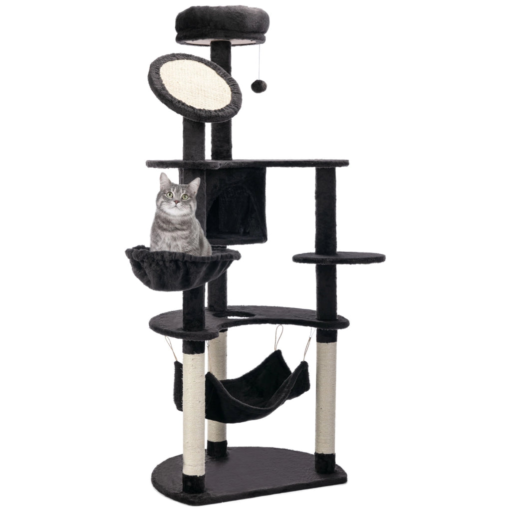 Torre per Gatti con Piattaforme Poste Amaca e Cueva ¨C Minimal ¨C Grigio Scuro 65x50x153 cm