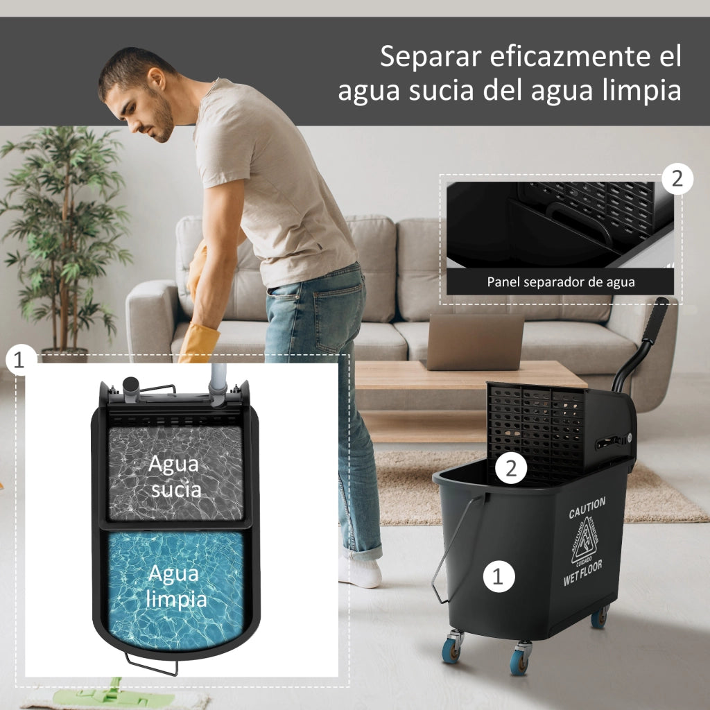 Secchio Lavapavimenti 20L con Ruote e Sgocciolatoio ¨C Zephmum ¨C Nero 60x27x70,5 cm