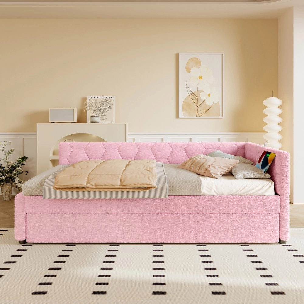 Letto Singolo con Divano e Rete a Doghe ¨C MINIMAL ¨C Rosa, Tessuto, 90x200