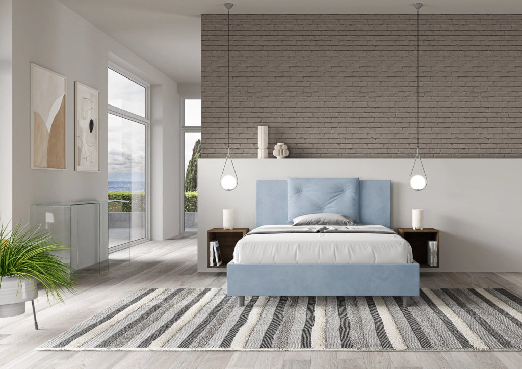 BS COM Letto queen size con rete imbottito 150x210 microfibra azzurro
