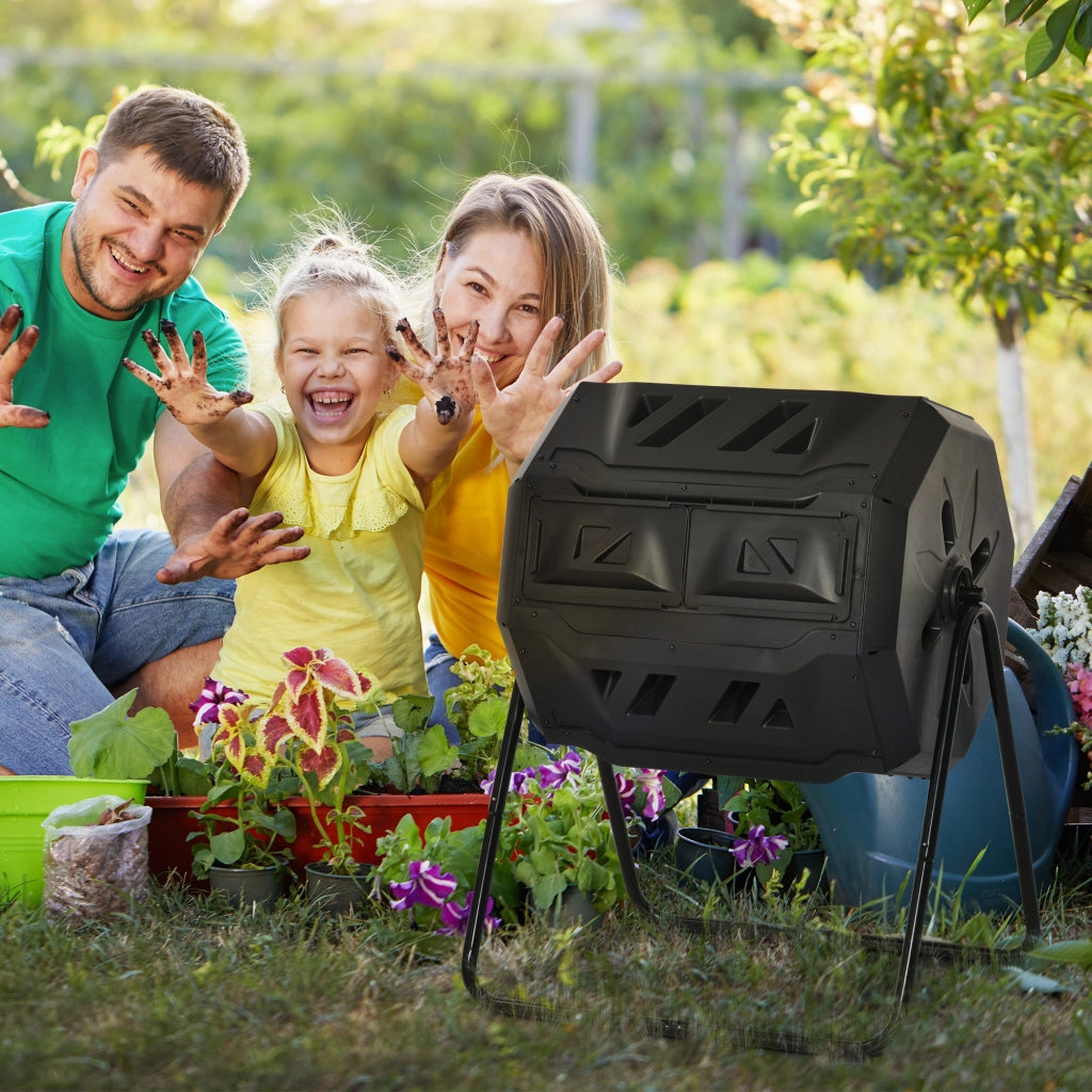 EasyComfort Compostiera da Giardino Girevole a 2 Sezioni con 8 Prese d'Aria, Compostiera Domestica in Acciaio e PP, 160 L, per Compostaggio Rifiuti Organici, 71x65x96 cm, Nero