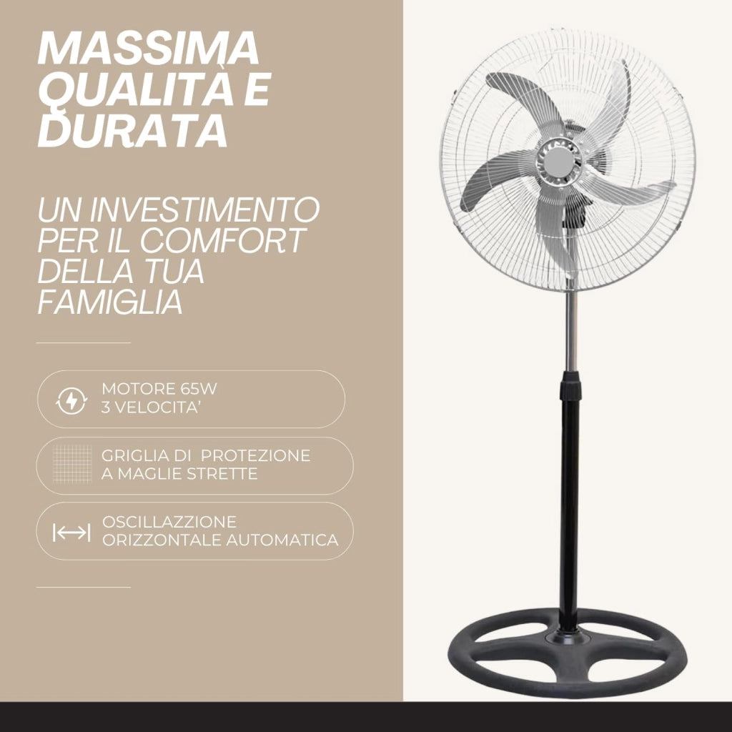 Ventilatore A Piantana, Ventilatore Potente Elettrico In Acciaio Con 5 Pale In Alluminio