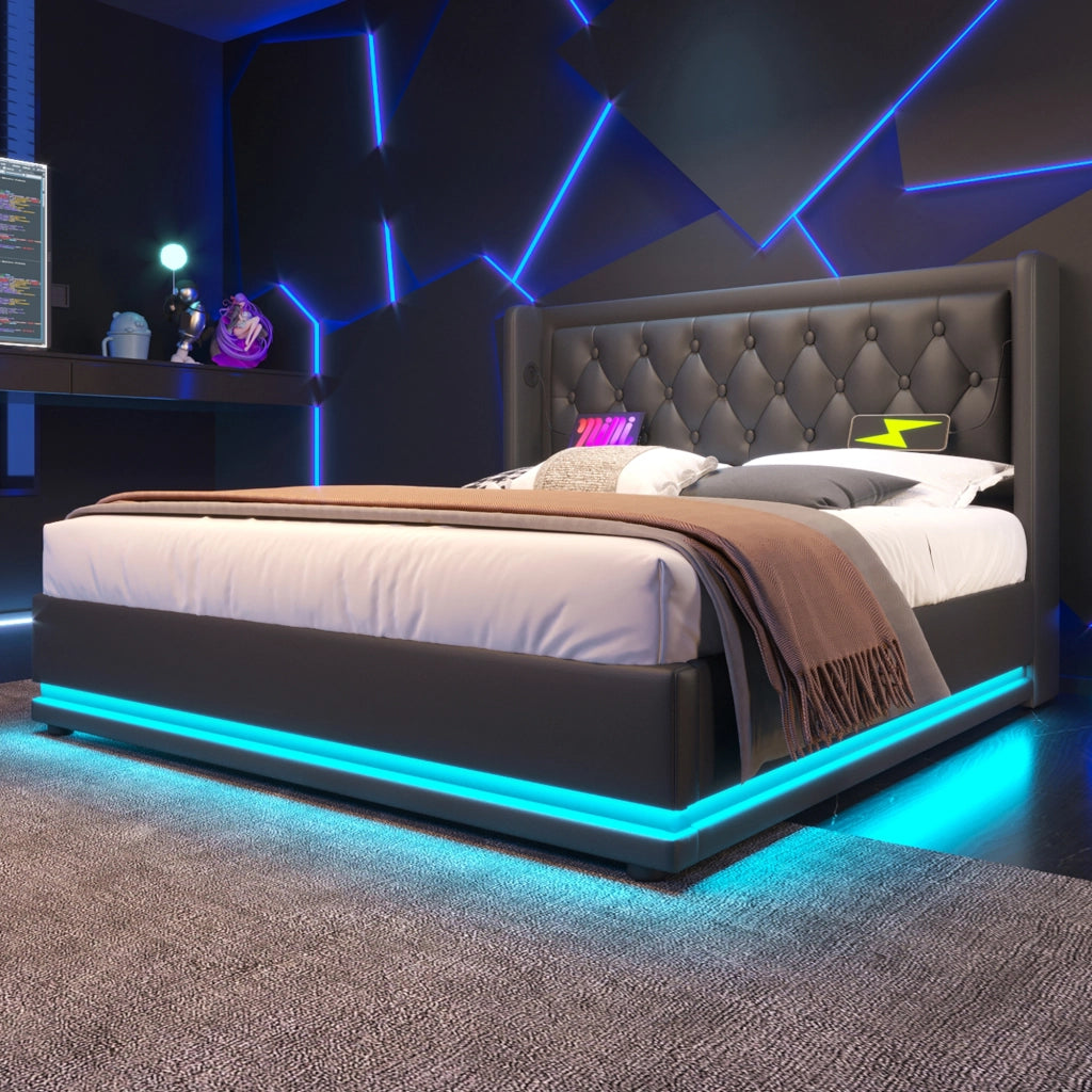 LETTO contenitore 160x200 cm in PU nero con USB Type-C e LED