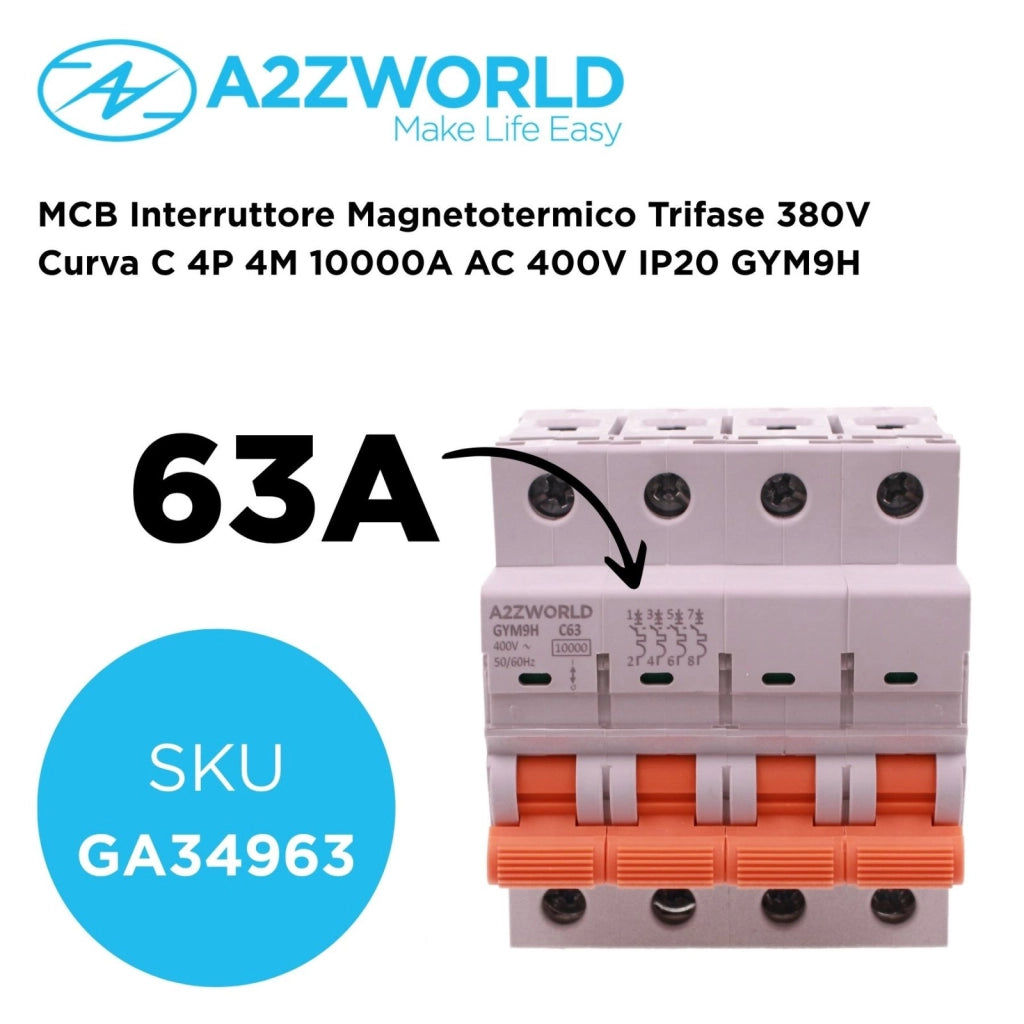 MCB Interruttore Magnetotermico Trifase 380V Curva C 4P 4M 10000A AC 400V IP20 GYM9H, Accoppiabile Con Bobina di Sgancio GA01231 GA01232, Disponibili 25A 32A 40A 63A (C63A)