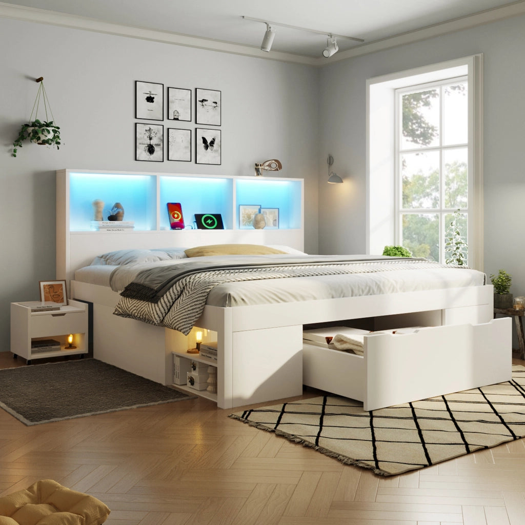 Letto funzionale con LED e USB-C - Zephmum- 140x190 cm- Bianco- Con cassetti e ripiani